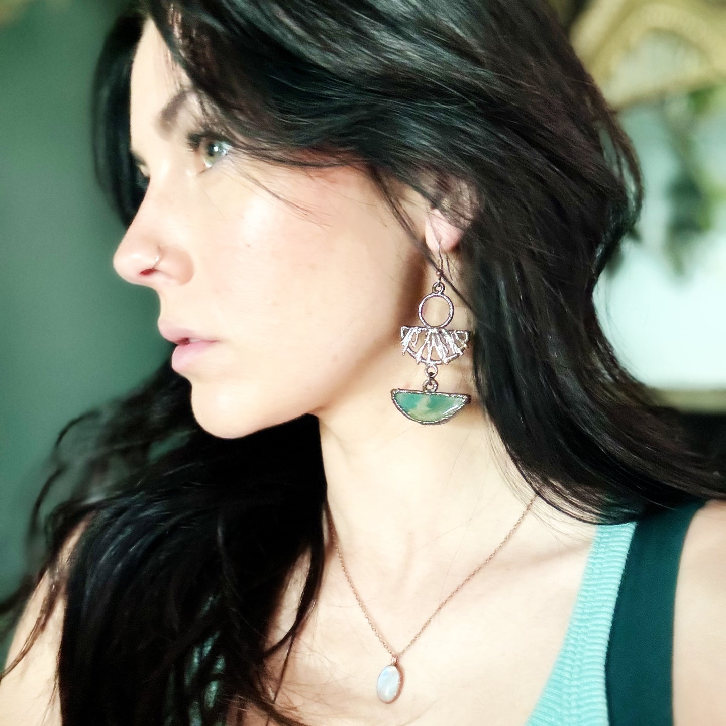 Moss agate and real leaf earrings