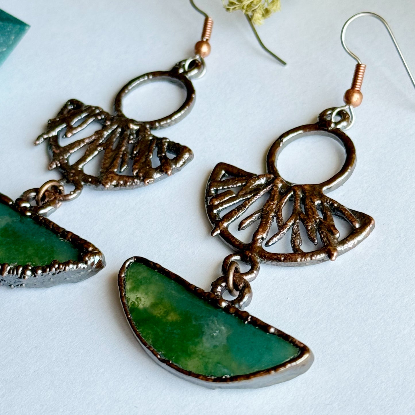 Moss agate and real leaf earrings