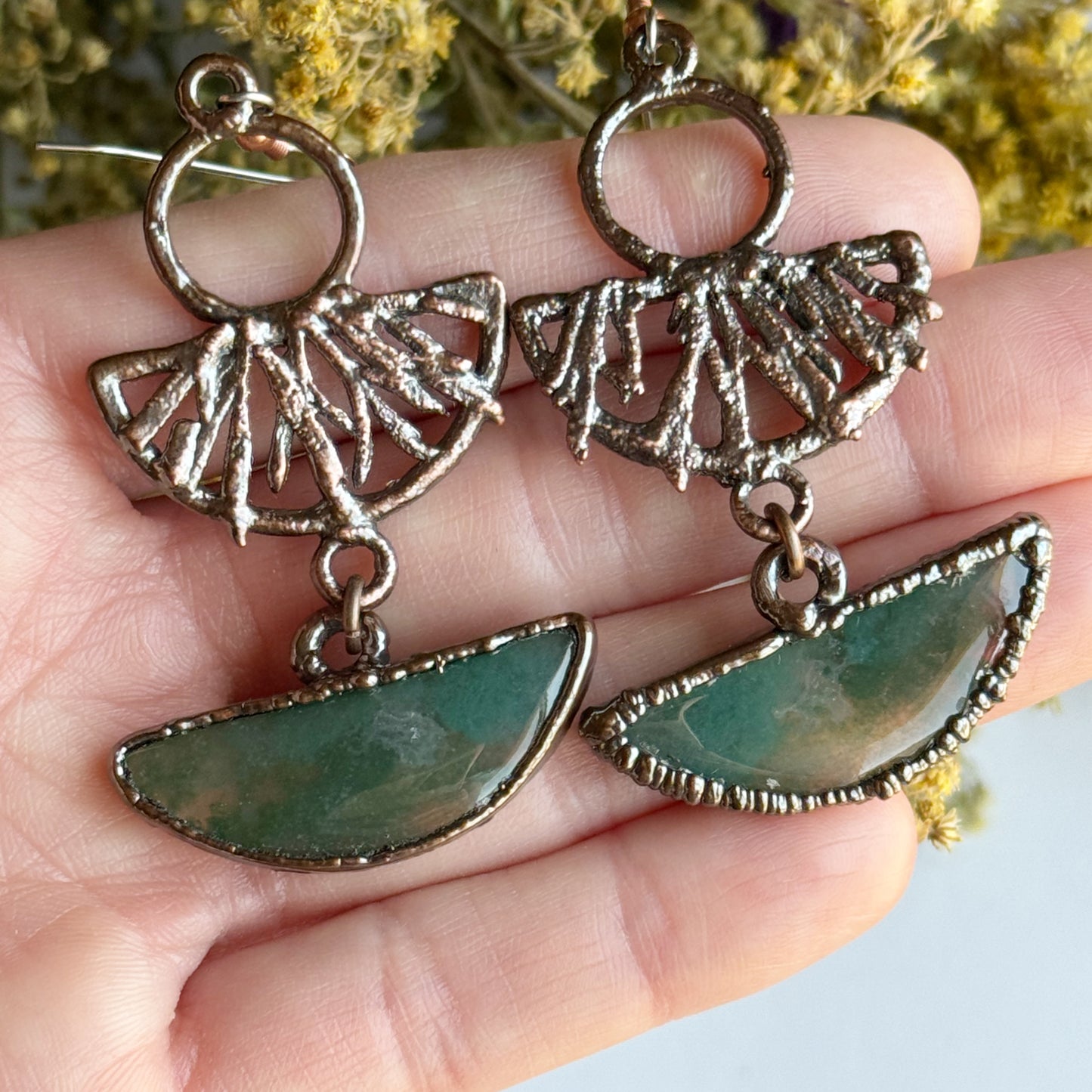 Moss agate and real leaf earrings
