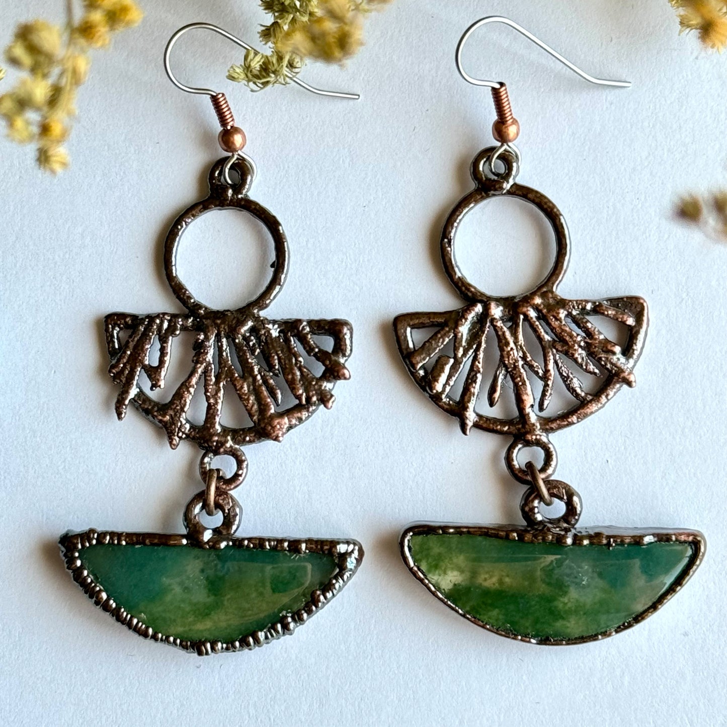Moss agate and real leaf earrings