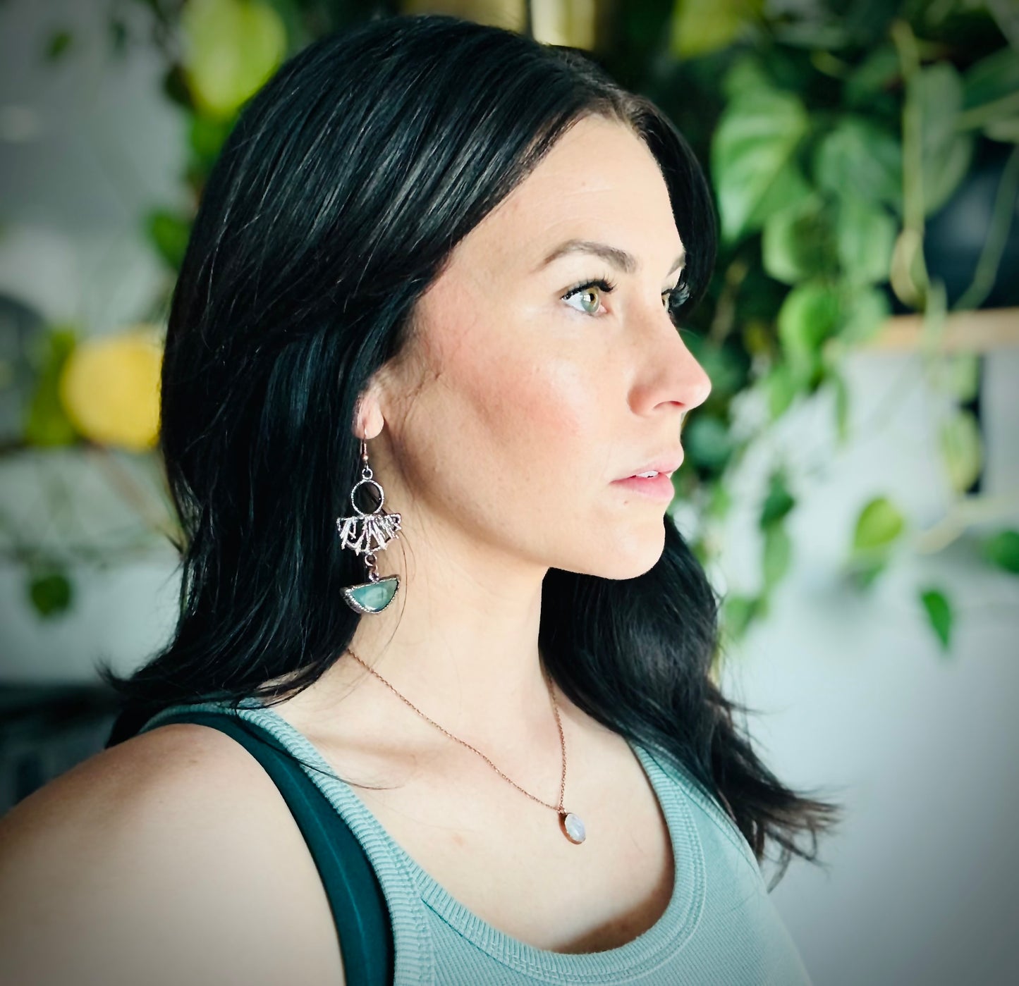 Moss agate and real leaf earrings