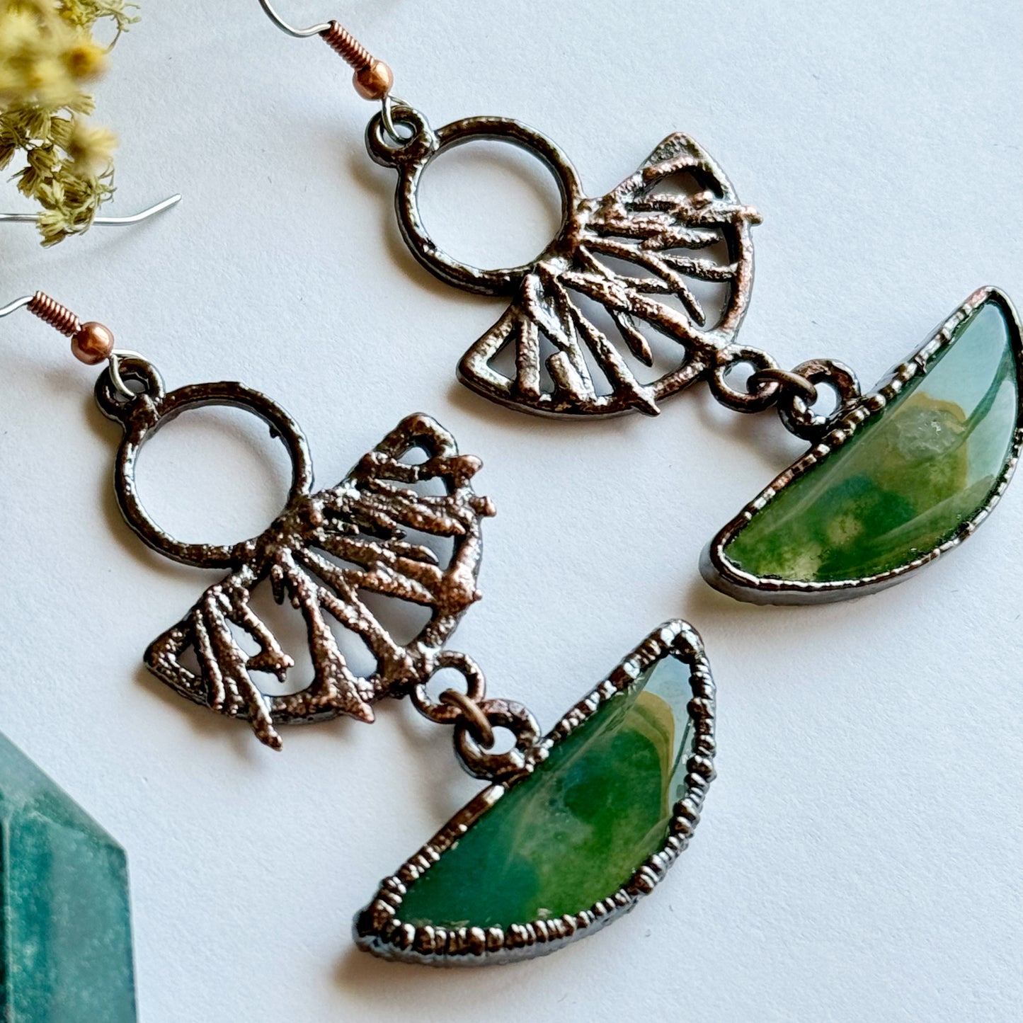 Moss agate and real leaf earrings