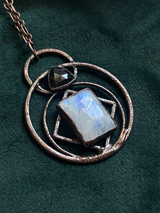 Black onyx and Rainbow Moonstone Necklace